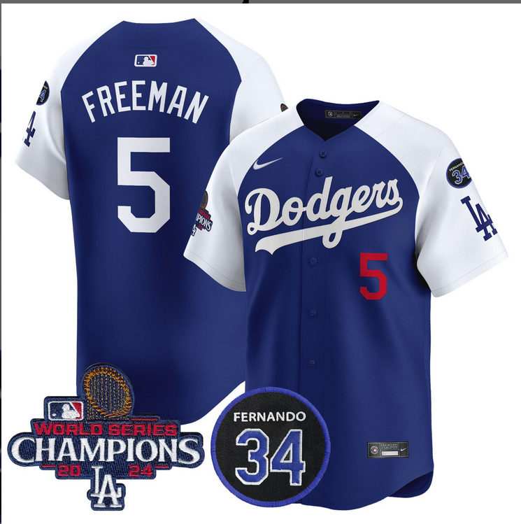 Men MLB Los Angeles Dodgers #5 Freeman blue 2024 World Series Champions Patch Limited Jersey->los angeles dodgers->MLB Jersey